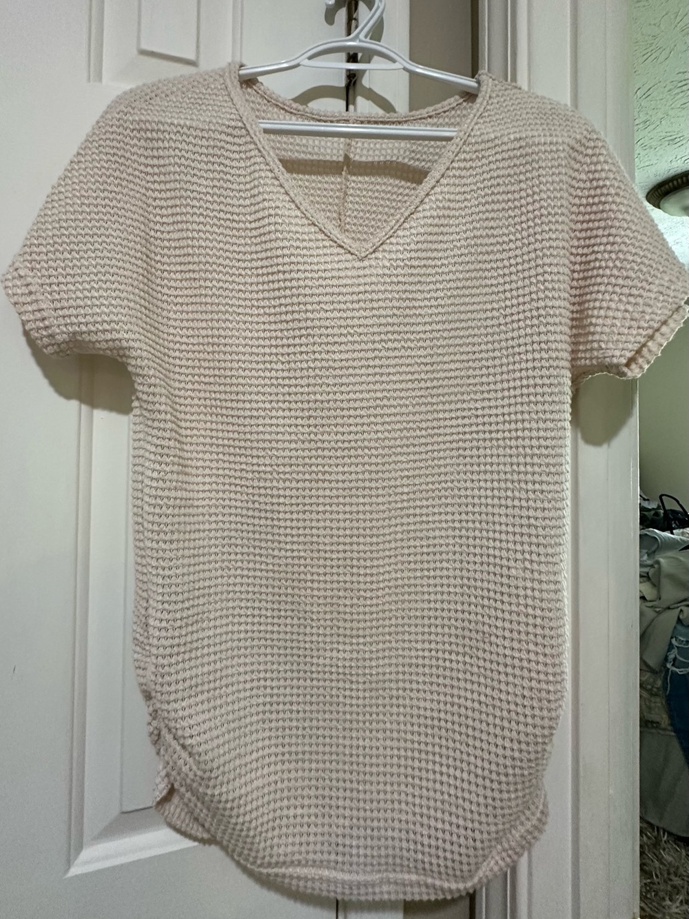SHEIN Cream Waffle Knit Short Sleeve V-Neck Top